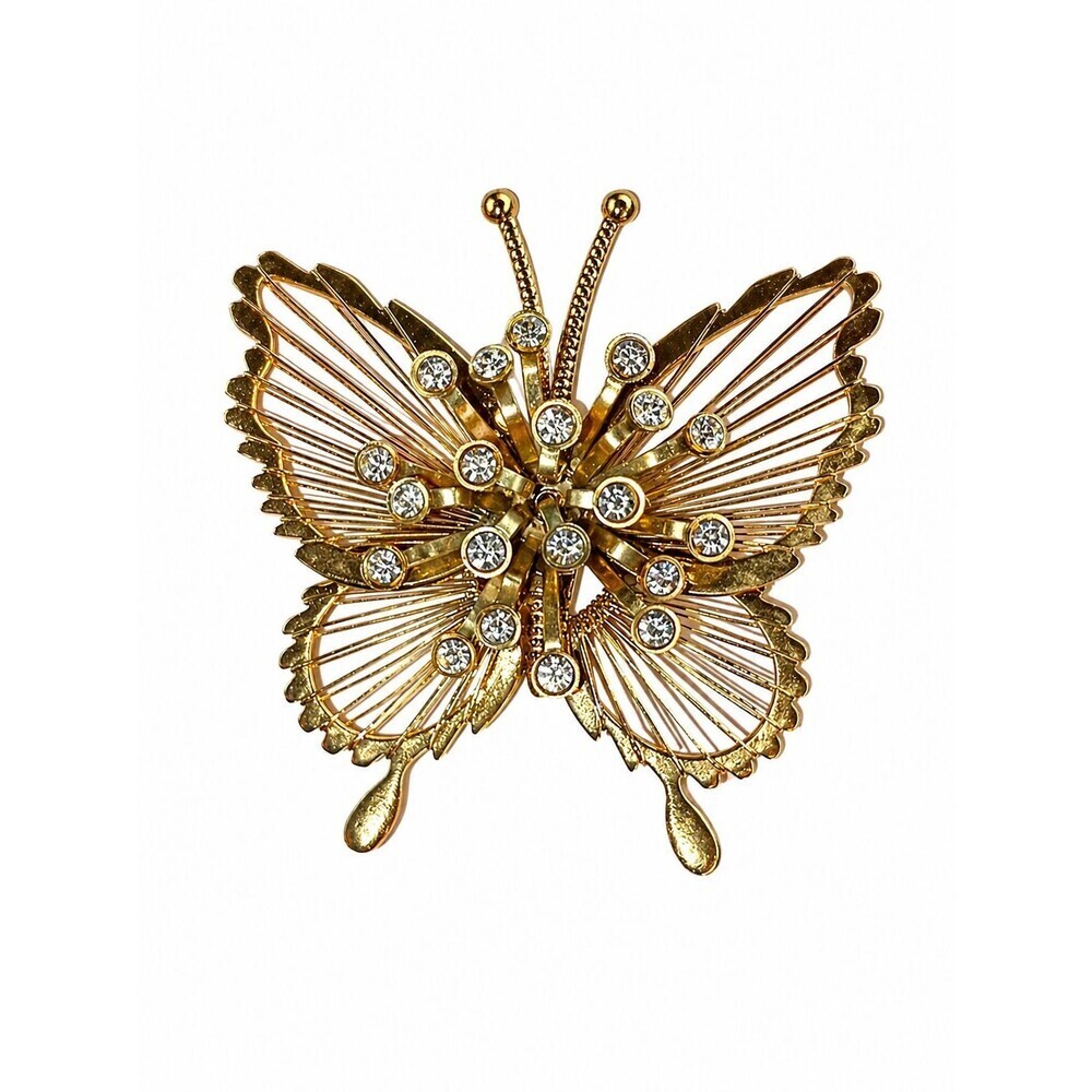 Vintage Monet Butterfly Brooch Gold Tone Filigree Rhinestone Signed Estate Pin